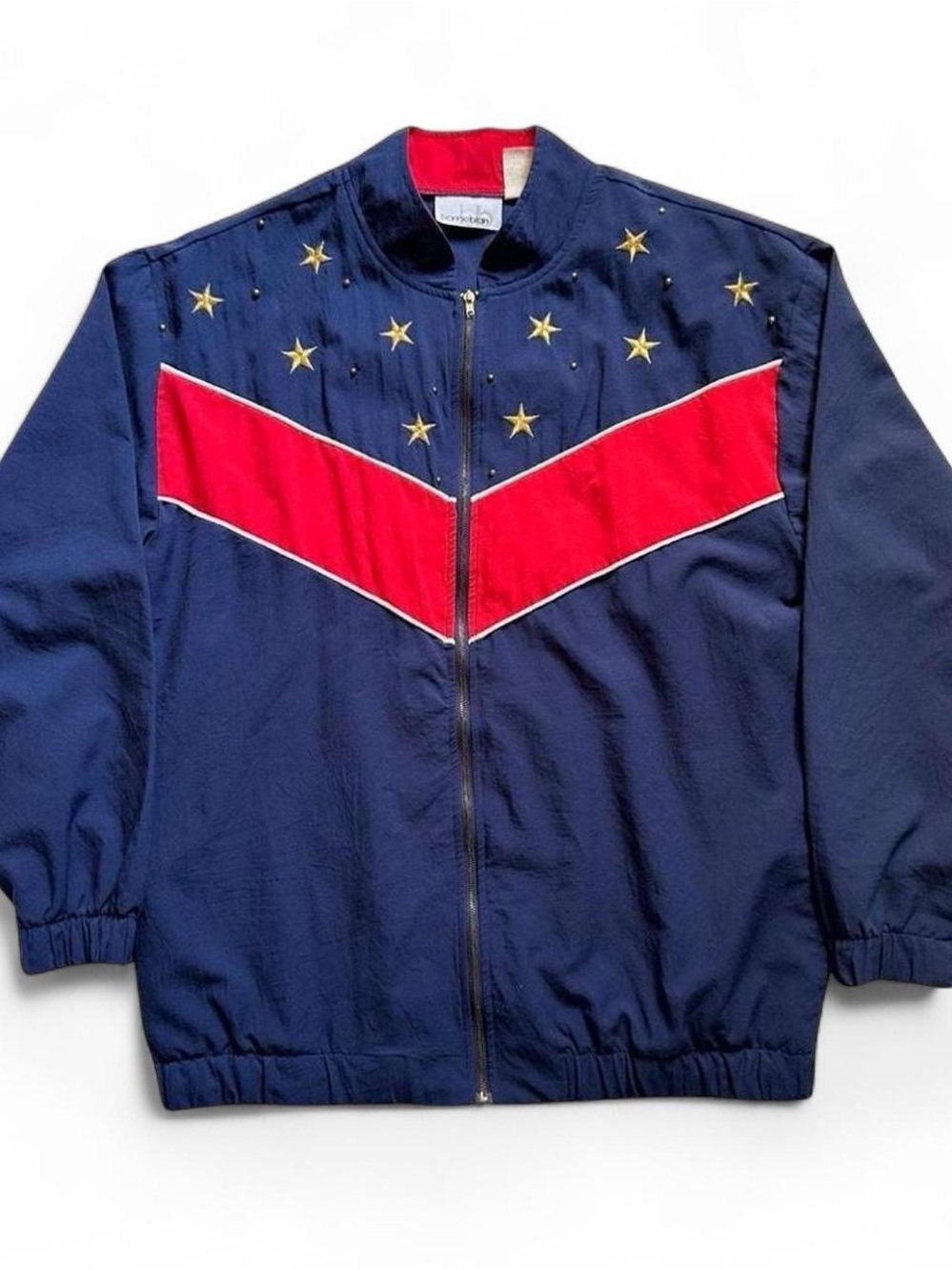 Vintage 1990s Navy Windbreaker Jacket with Red Chevron & Gold Stars XL